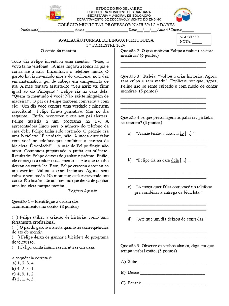Avaliação de Língua Portuguesa 3° Trimestre 4° Ano | PDF