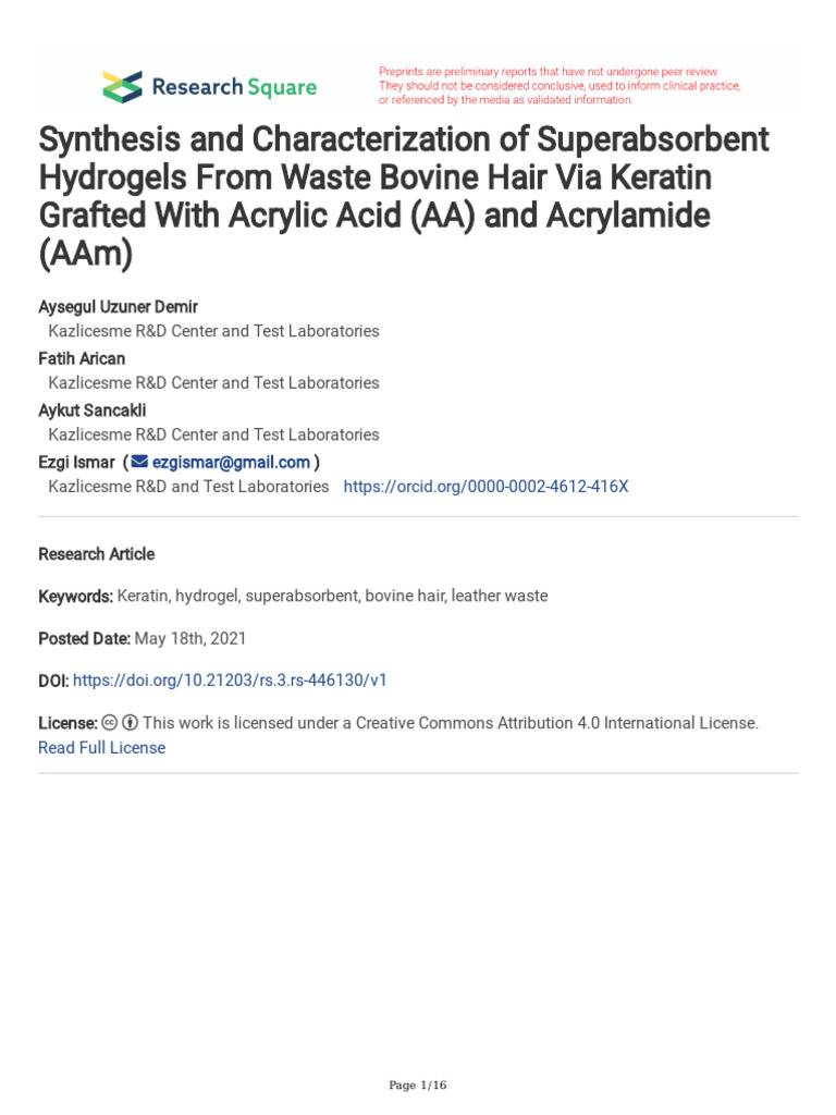 Synthesis and Characterization of Superabsorbent Hydrogels From Waste ...