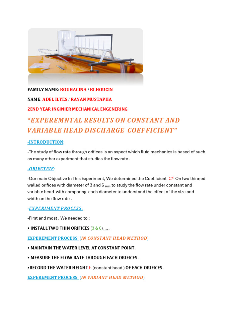 Orifice Flow Rate Experiment Results | PDF