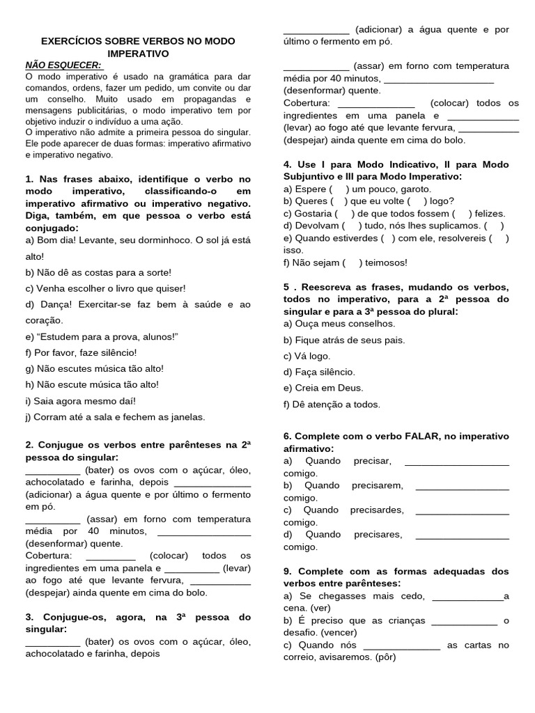 Exercícios Sobre Verbos No Modo Imperativo Pdf