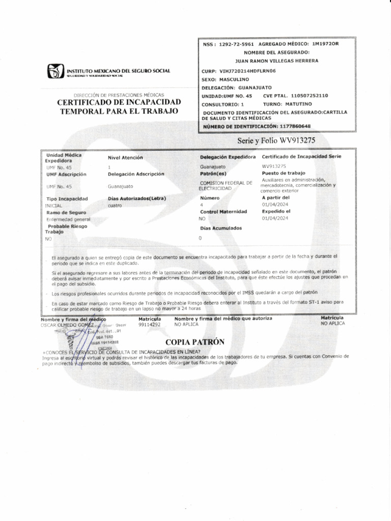 Certificado de Incapacidad | PDF