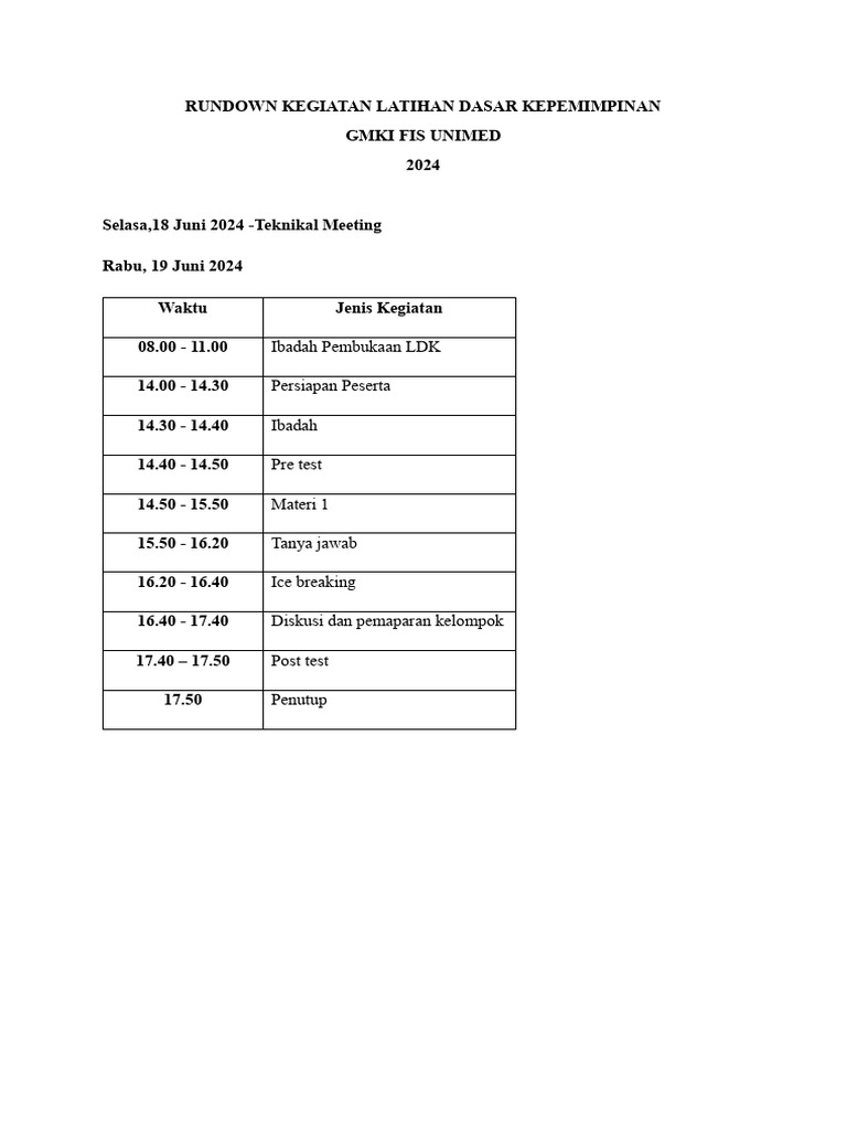 Rundown Acara LDK GMKI FIS UNIMED 2024 | PDF