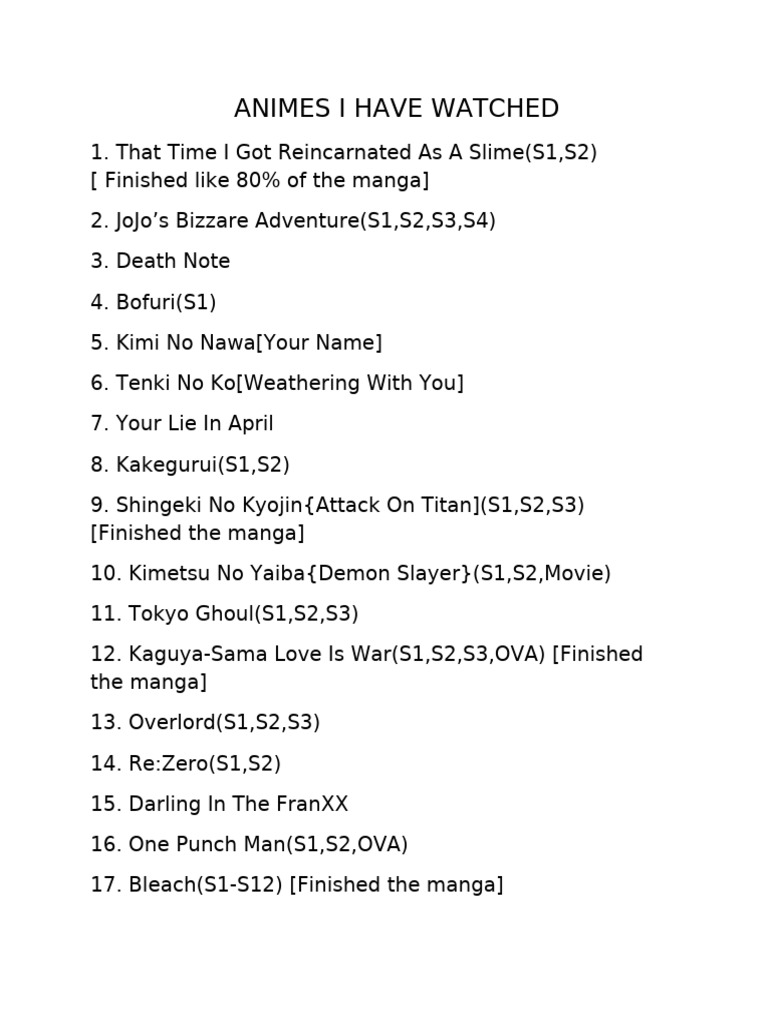 Anime Watch List PDF Manga Anime And Manga