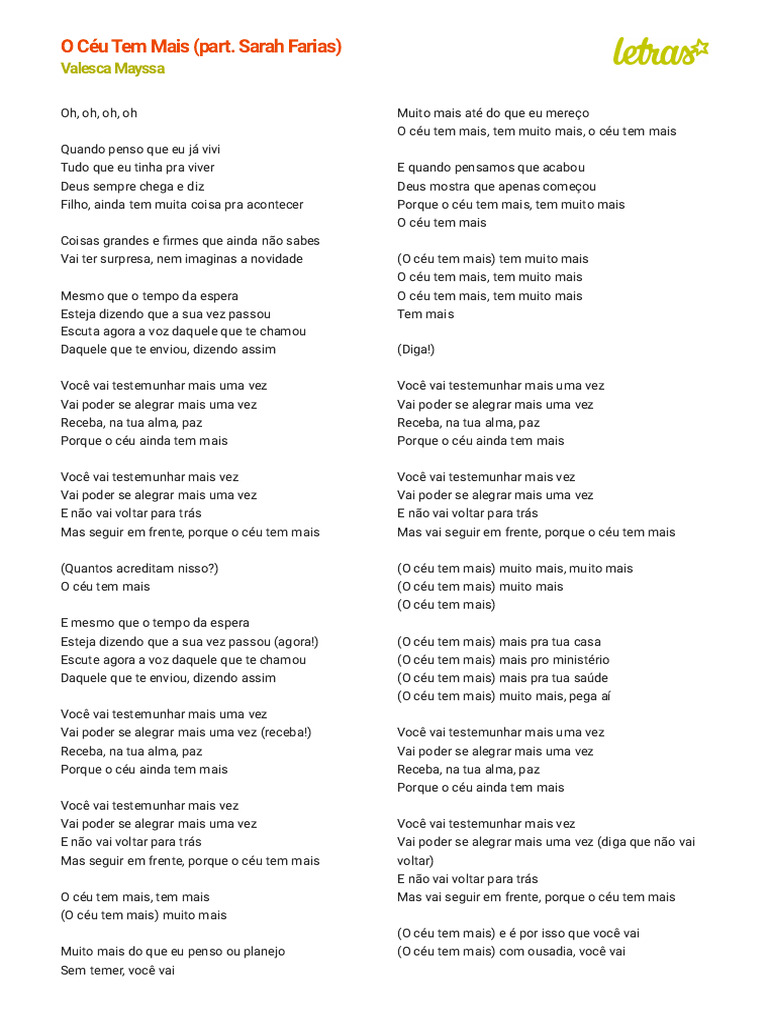 O CÉU TEM MAIS (PART. SARAH FARIAS) - Valesca Mayssa (Impressão) | PDF