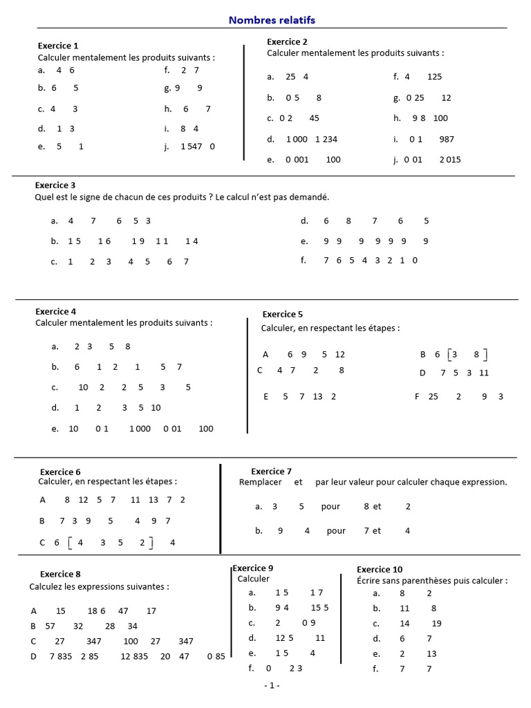 Exercices sur les Nombres Relatifs | PDF | Mathématiques