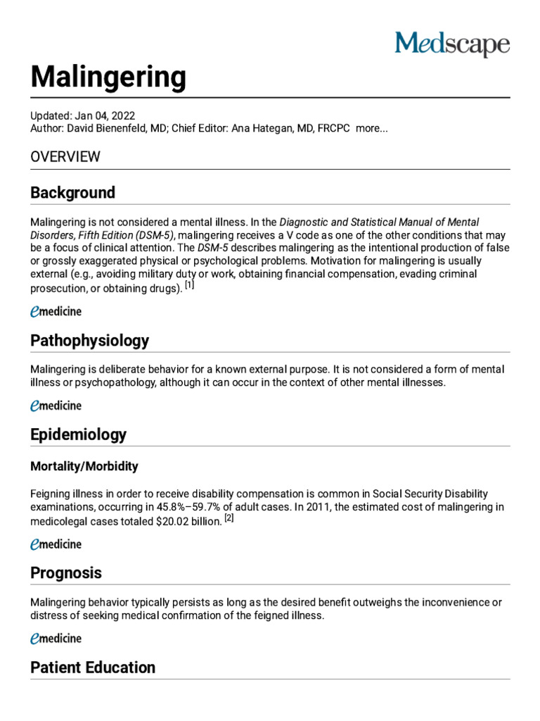 Malingering background pathophysiology epidemiology pdf