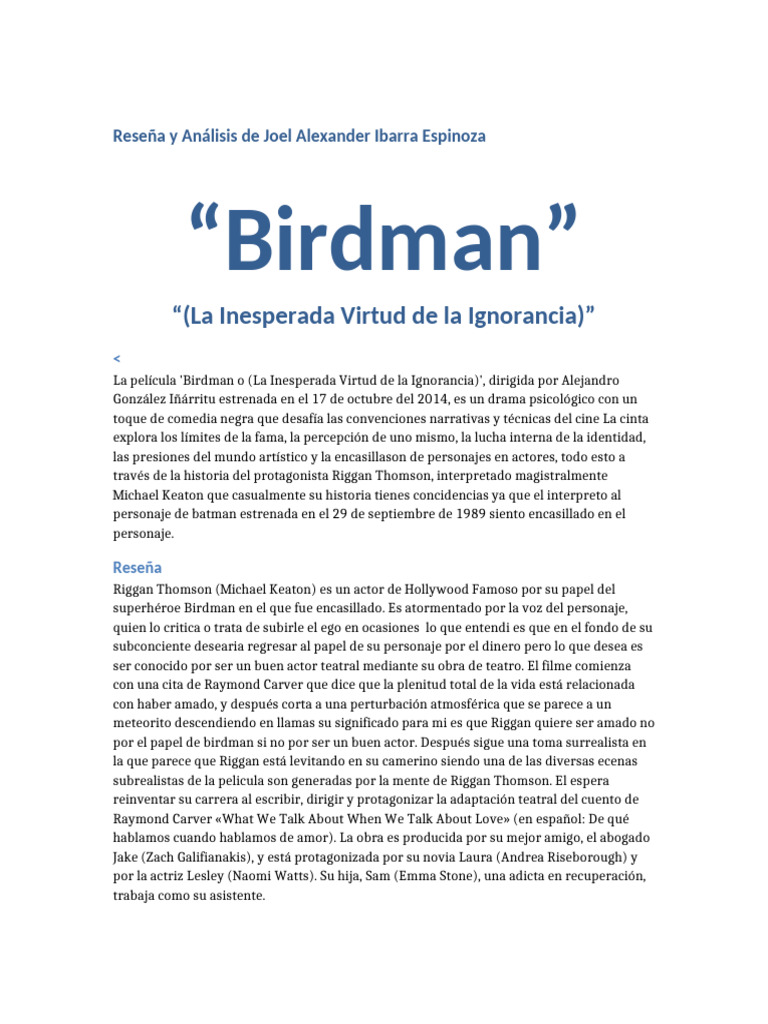 Birdman Reseña Análisis Extendido | PDF