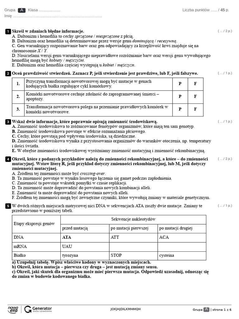 Biologia KL 3 Dział 2 Test (Z Widoczną Punktacją) | PDF