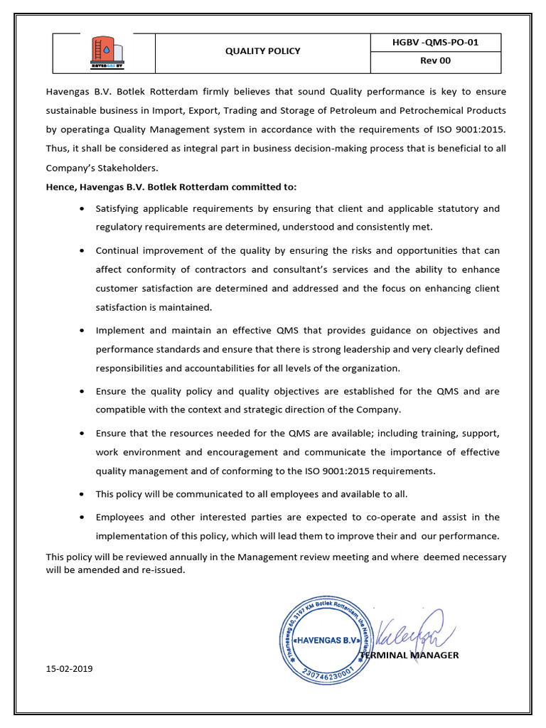 Havengas B.V. Quality Management Policy | PDF | Quality Management ...