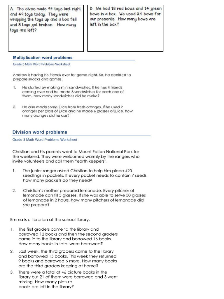 Standard 3 Maths Mixed Worded Questions | PDF