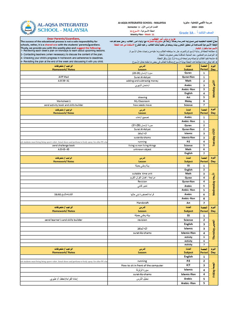 Grade 3A Weekly Plan - Semester 1 | PDF | Pedagogy | Education Theory