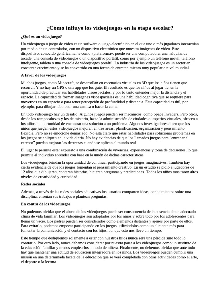 Cómo Influye Los Videojuegos en La Etapa Escolar | PDF | Videojuegos