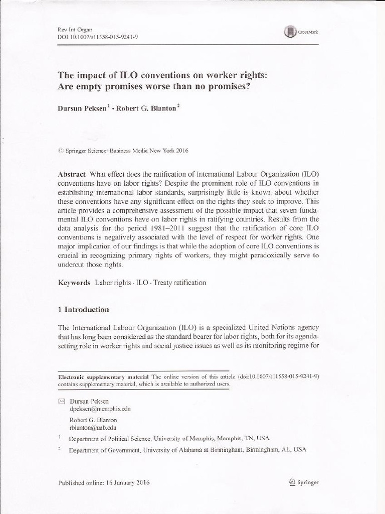 PEKSEN and BLANDON, The Impact of ILO Conventions On Workers Rights | PDF