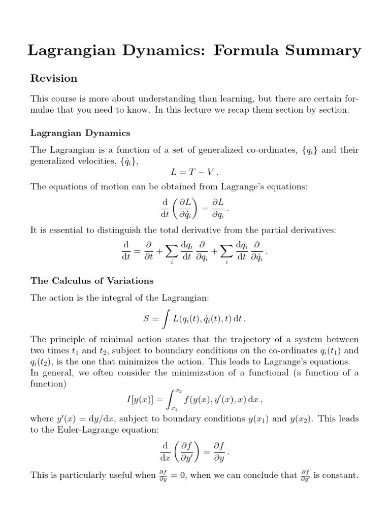 Lagrangian Dynamics Overview | PDF | Hamiltonian Mechanics | Lagrangian ...