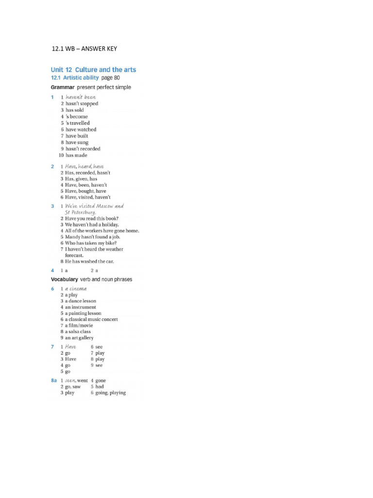 UNIT 12.1 A2 WB - Answer Key 1P | PDF