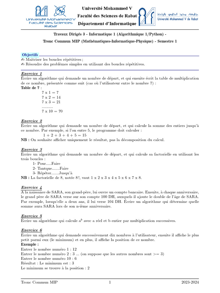 Exercices d'Algorithmique MIP 1 | PDF | Multiplication | Algorithmes et ...