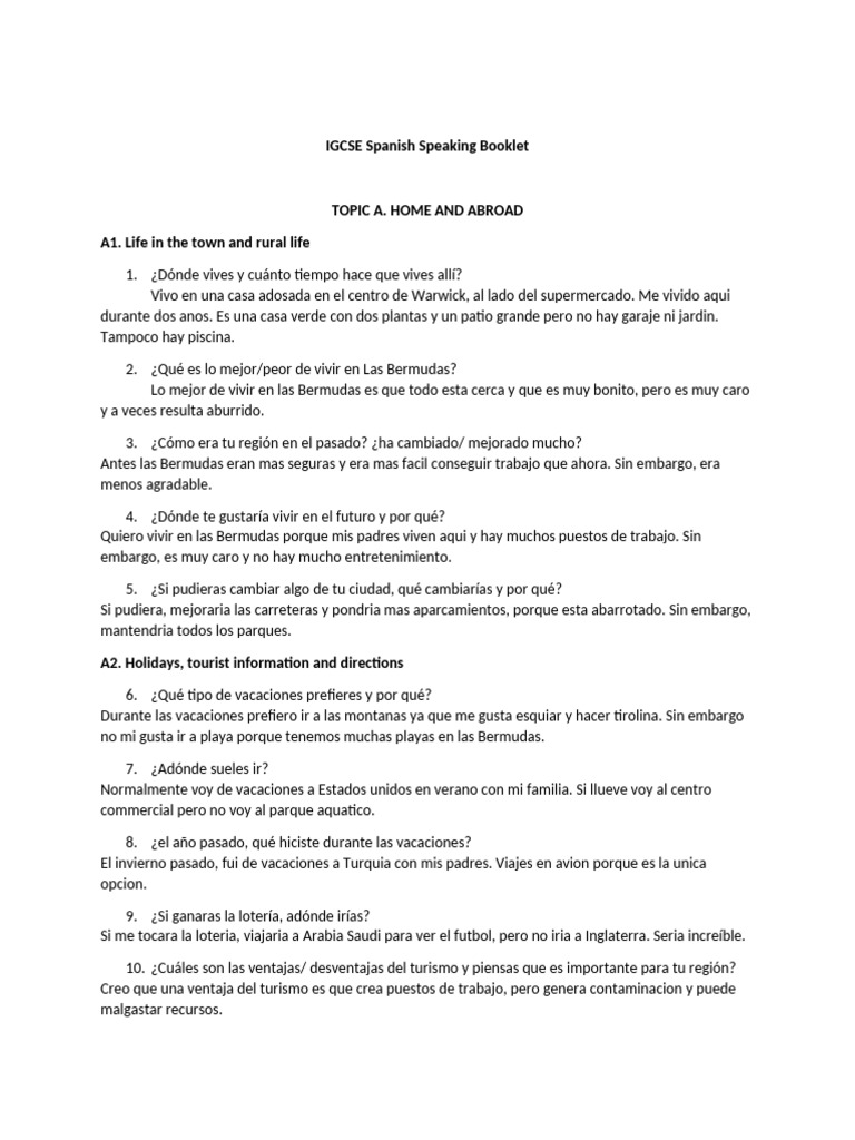 IGCSE Spanish Speaking Booklet Topic A and B | PDF | Artes del Lenguaje ...