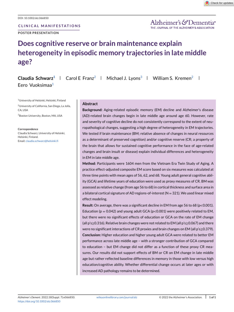 Alzheimer S Dementia - 2022 - Schwarz - Does Cognitive Reserve or Brain ...
