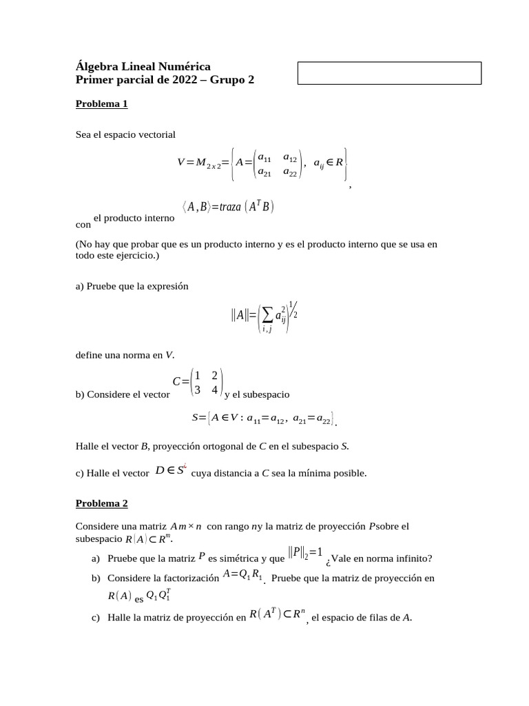 Ejercicios de Álgebra Lineal Numérica | PDF | Matriz (Matemáticas ...