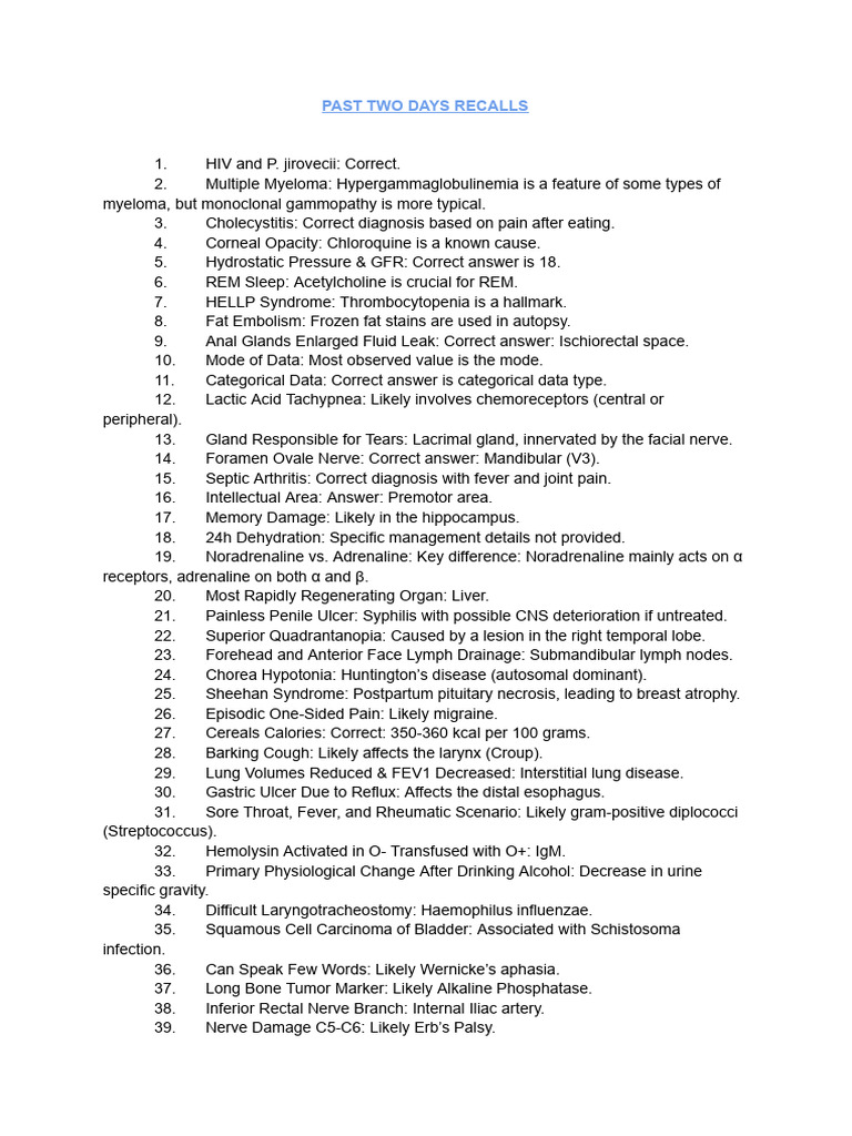 Medical Recall Notes: Key Diagnoses & Facts | PDF | Thrombus ...