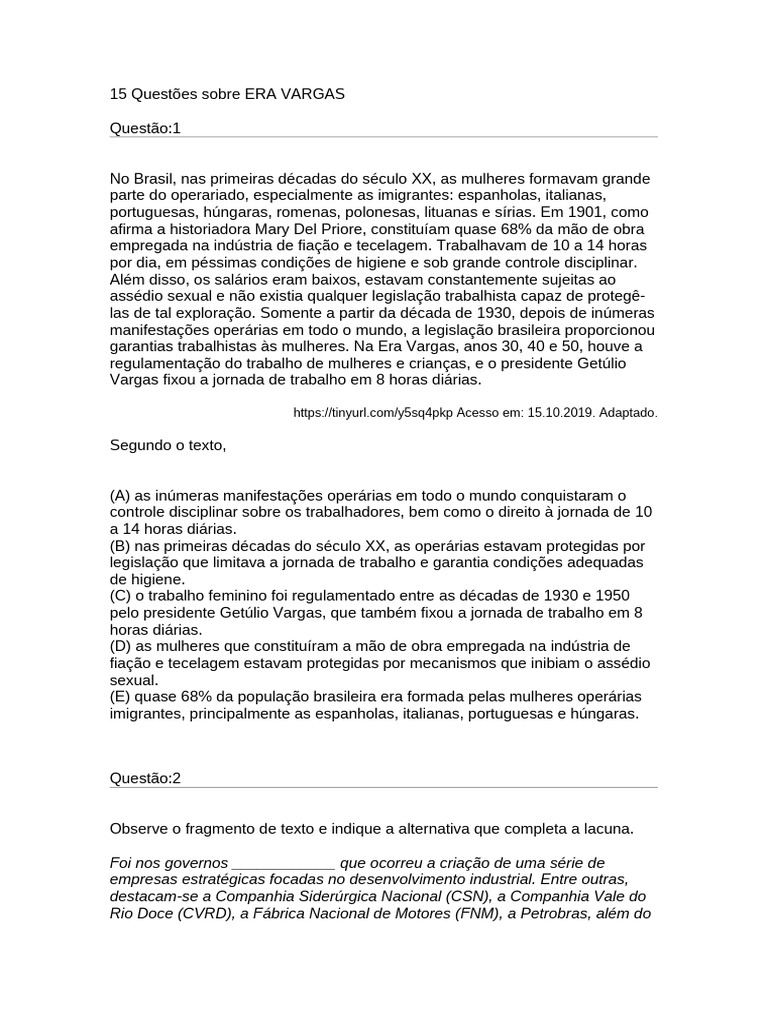 Questões sobre a Era Vargas | PDF | Brasil | Democracia