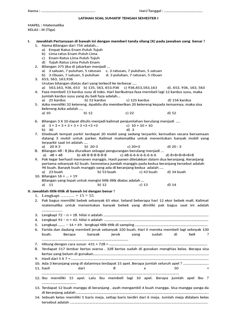 Soal STS Matematika Kelas 3 Semester 1 | PDF | Metode & Bahan Ajar