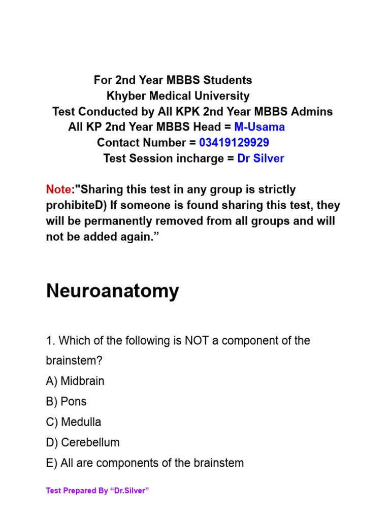 KPK 2nd Year MBBS Neuroanatomy Test | PDF | Cerebellum | Brainstem