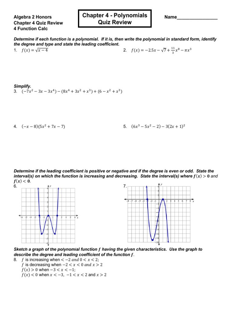 Polynomials Quiz Review Guide | PDF | Polynomial | Mathematical Concepts