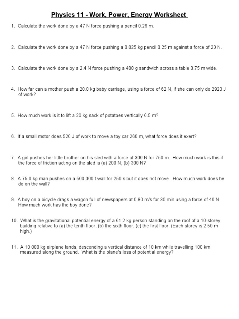 Work And Energy Worksheet NCERT Solutions Class 9 Science Chapter 11