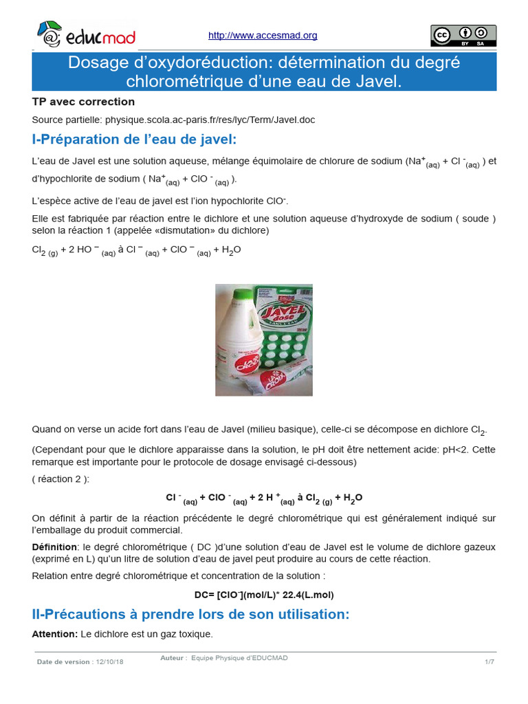 Dosage chlorométrique de l'eau de Javel PDF Blanchiment (chimie — free download