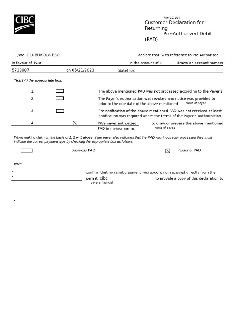 Customer Declaration for PAD Return | PDF | Payments | Banking