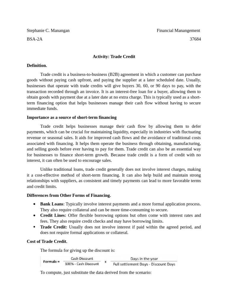 Trade Credit | PDF | Finance & Money Management | Credit