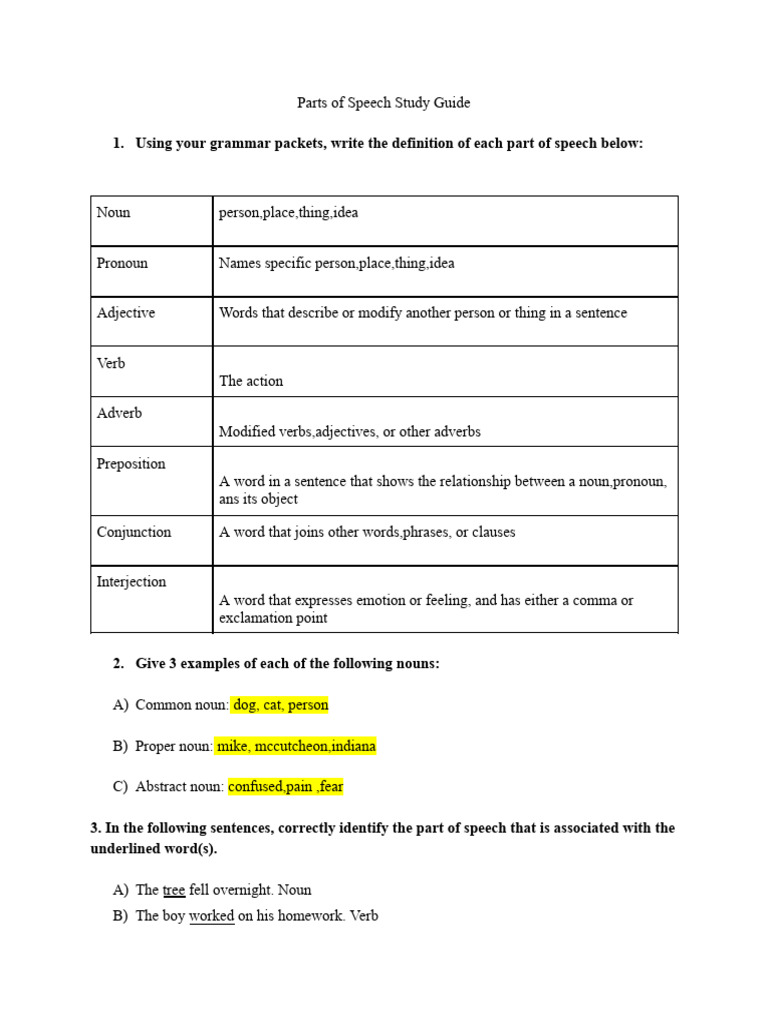 Parts of Speech Study Guide | PDF