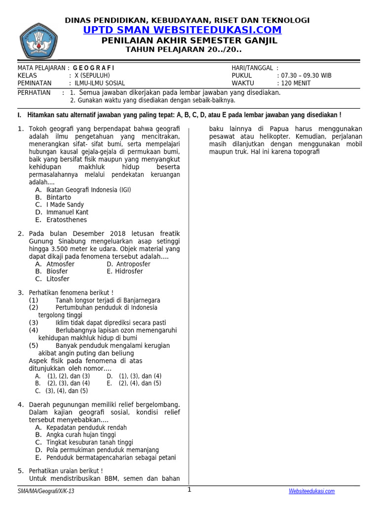 Ujian Geografi Kelas X SMA | PDF