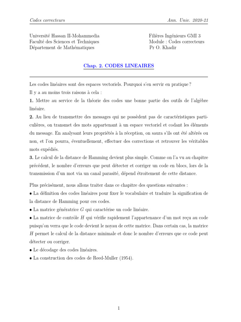 Codes Linéaires et Matrices Associées | PDF | Détection et correction ...