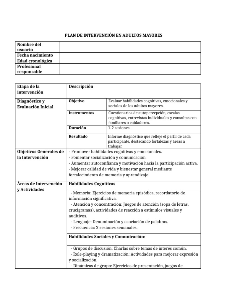 Plan de Intervención para Adultos Mayores | PDF | Evaluación | Las ...