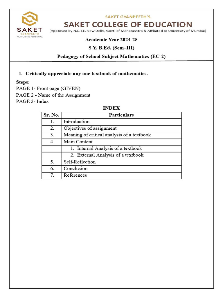 Pedagogy of Mathematics Assignment 1 & 2 For Sem 3-1 | PDF