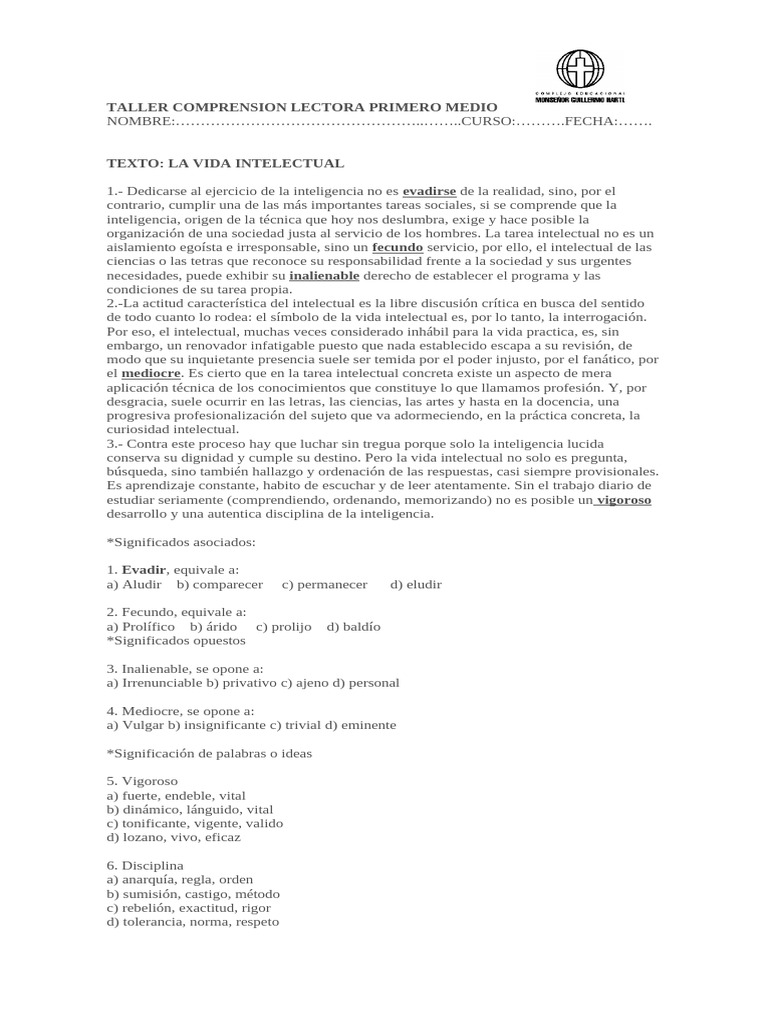 Comprensión Lectora: Vida Intelectual | PDF | Crecimiento personal y ...