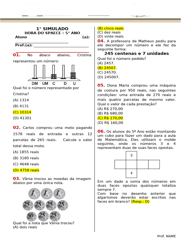 Simulado SPAECE 5º Ano - Matemática | PDF | Formas geométricas ...