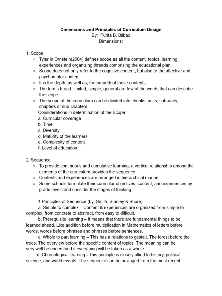 Curriculum Design: Key Dimensions & Principles | PDF | Curriculum ...