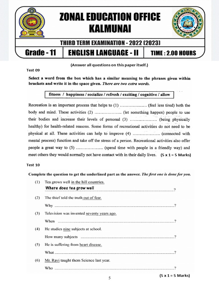 Grade 11 English Test Papers 2023 | PDF | Home & Garden
