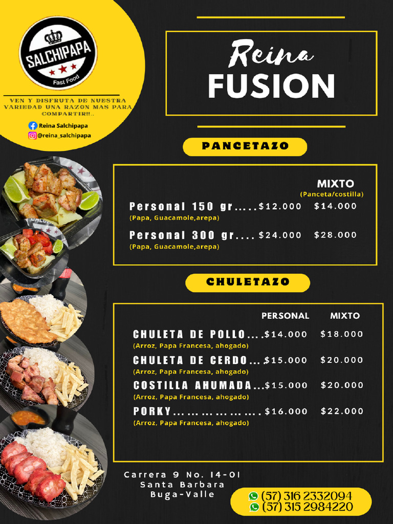 Menú Reina de Salchipapa Buga | PDF | Salchicha | Alimentos