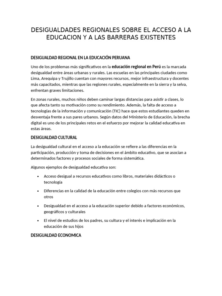 Desigualdades Sobre El Acceso A La Educacion y A Las Barreras ...
