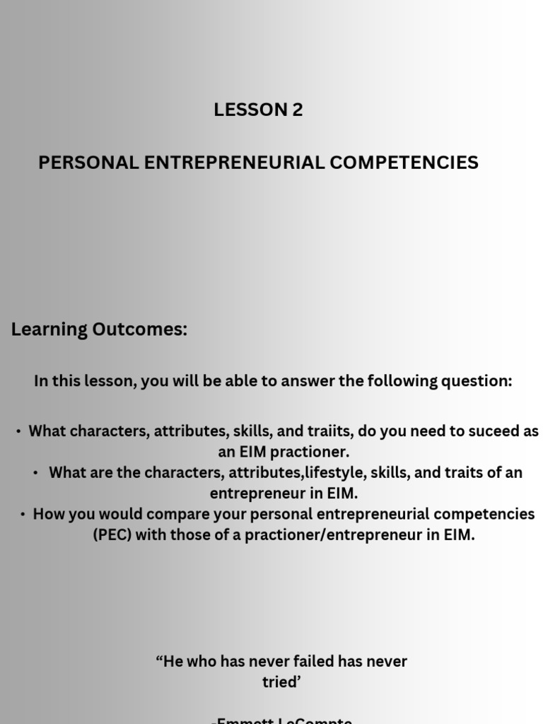 Lesson 2 Personal Entrepreneurship Competencies | PDF ...