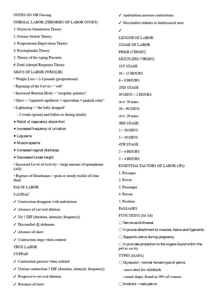 Notes On Ob Nursing | PDF | Childbirth | Human Reproduction