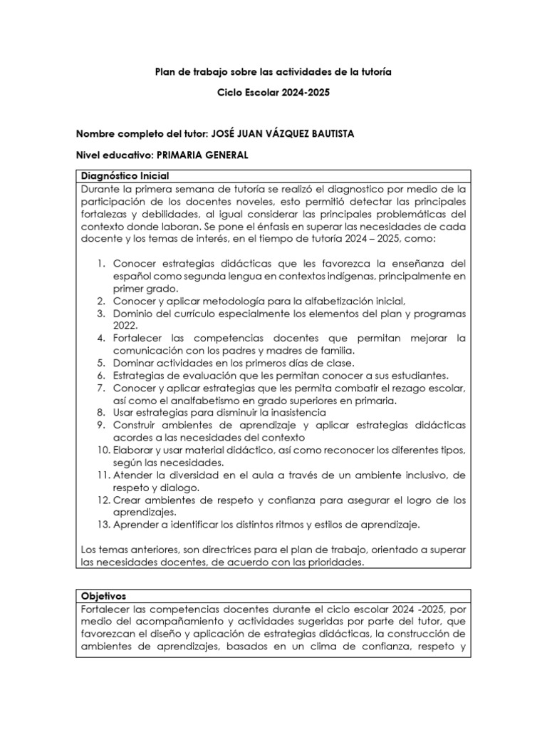 Plan de Tutoría para Docentes 2024-2025 | PDF | Plan de estudios ...