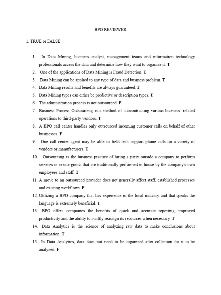 Bpo Reviewer Pdf Outsourcing Data Mining