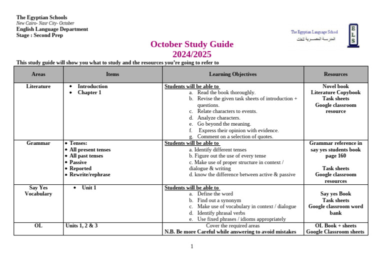 October Study Guide for Second Prep | PDF | Grammatical Tense | Vocabulary