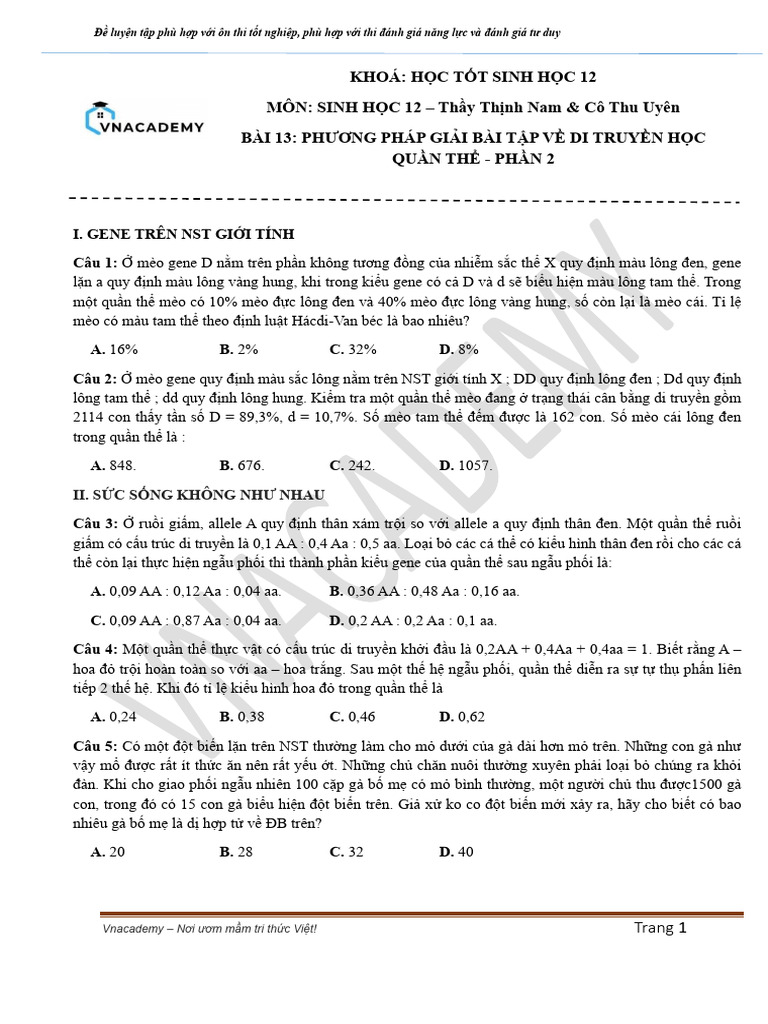 Bài 13 - Phương pháp giải bài tập về di truyền học quần thể - P2 - Đề | PDF