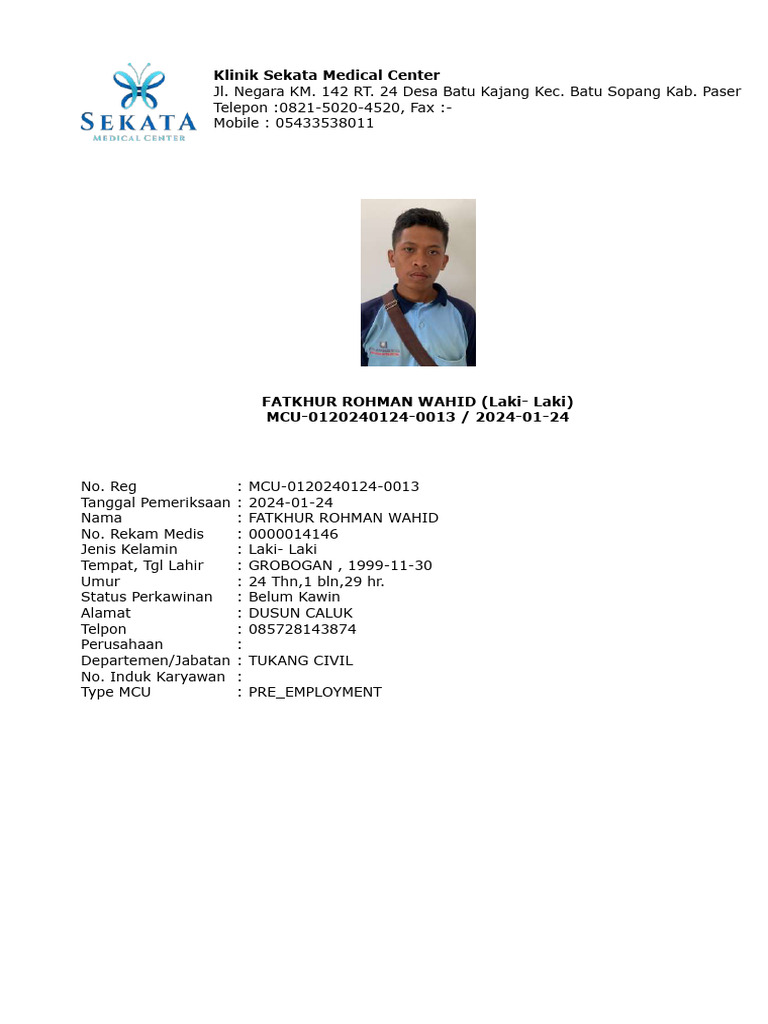 Hasil Pemeriksaan Kesehatan Fatkhur Rohman | PDF